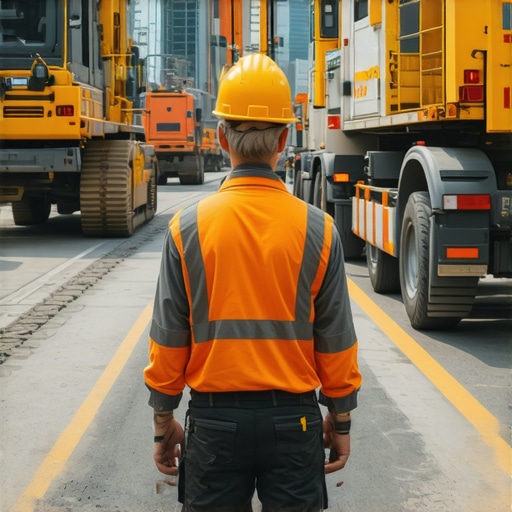 A modern construction site featuring AI, IoT sensors, and digital data visualization