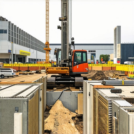 High-tech urban construction site with advanced borehole and daylighting equipment, GIS mapping, and sensors