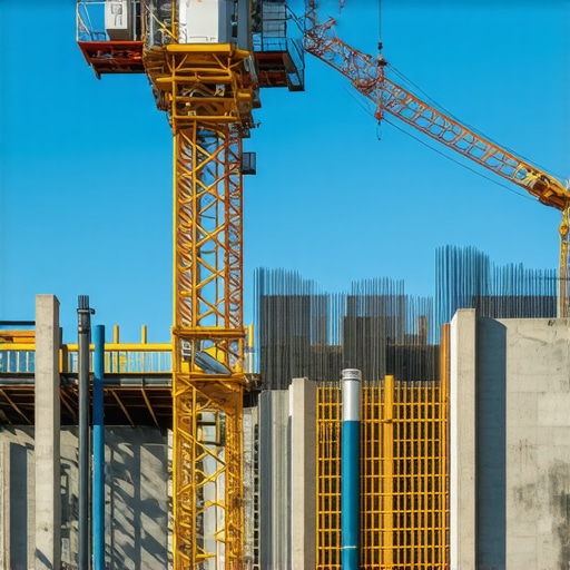 Construction site equipped with IoT sensors and AI technology for safety and efficiency.