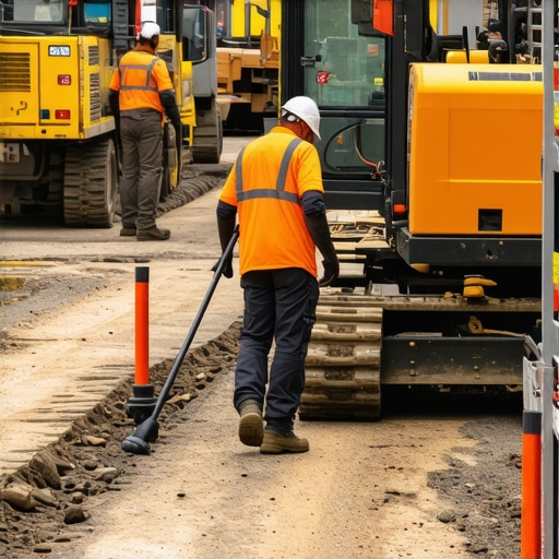 Workers using vacuum excavation and utility mapping tools at a construction site for safety