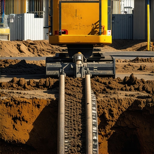 Construction worker operating vacuum excavation equipment with underground utility map overlay