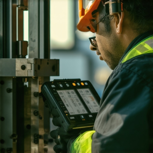 Technician inspecting advanced drilling equipment with digital tools on a construction site.