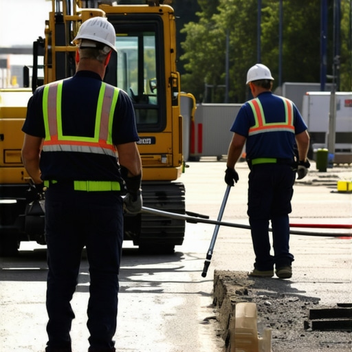 Construction workers using vacuum excavation equipment for site assessment.