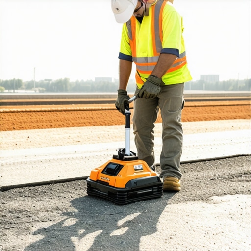 Technician using ground-penetrating radar and lighting to inspect underground utilities at a construction site.